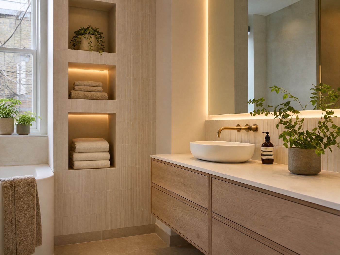 Concept image of a bathroom with recessed storage niche, floating vanity and warm lighting