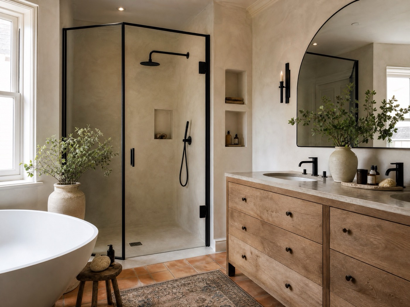 Natural oak spa bathroom with black fittings in Leyton E10