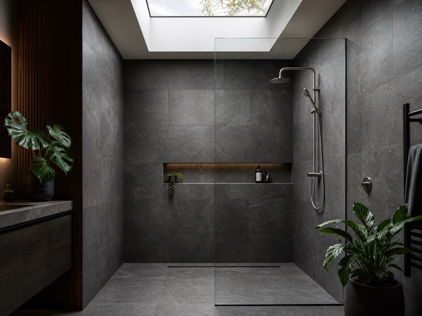 Dark stone shower room with integrated storage in Forest Gate E7