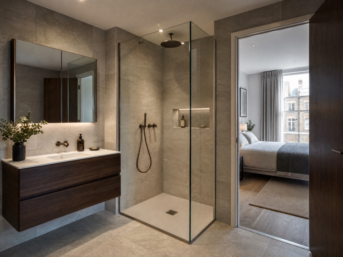 Warm stone en-suite with a walk-in shower in Wanstead E11