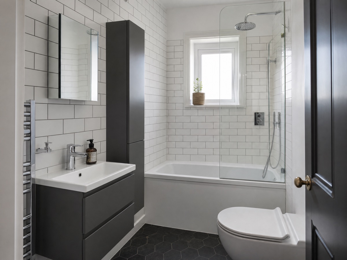 Monochrome Victorian bathroom with white metro tiles in Stratford E15
