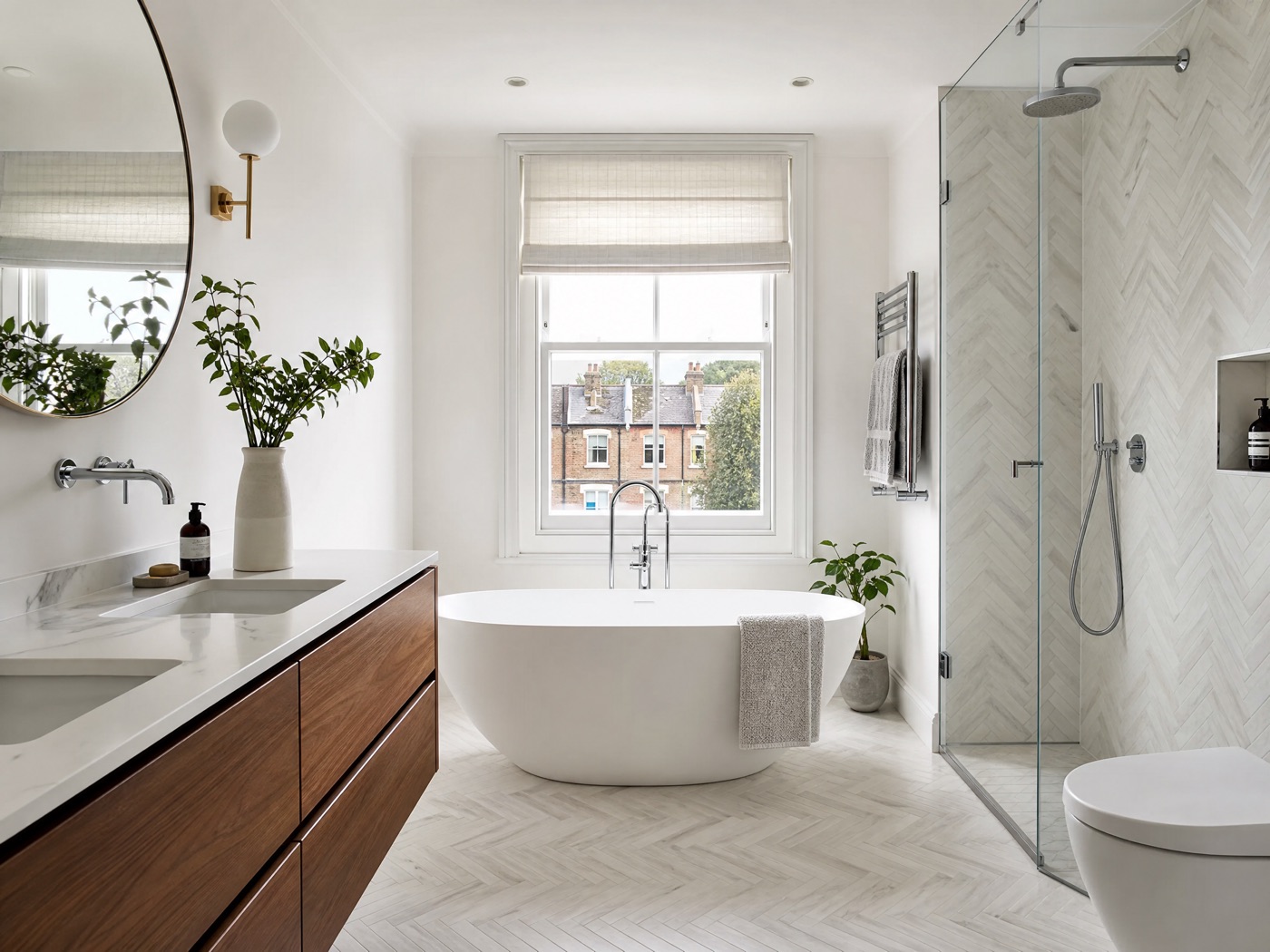 Example design concept of the same bathroom with a freestanding bath and herringbone tiles