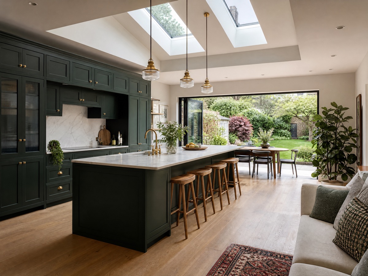 Dark green kitchen and rear extension in Forest Gate E7