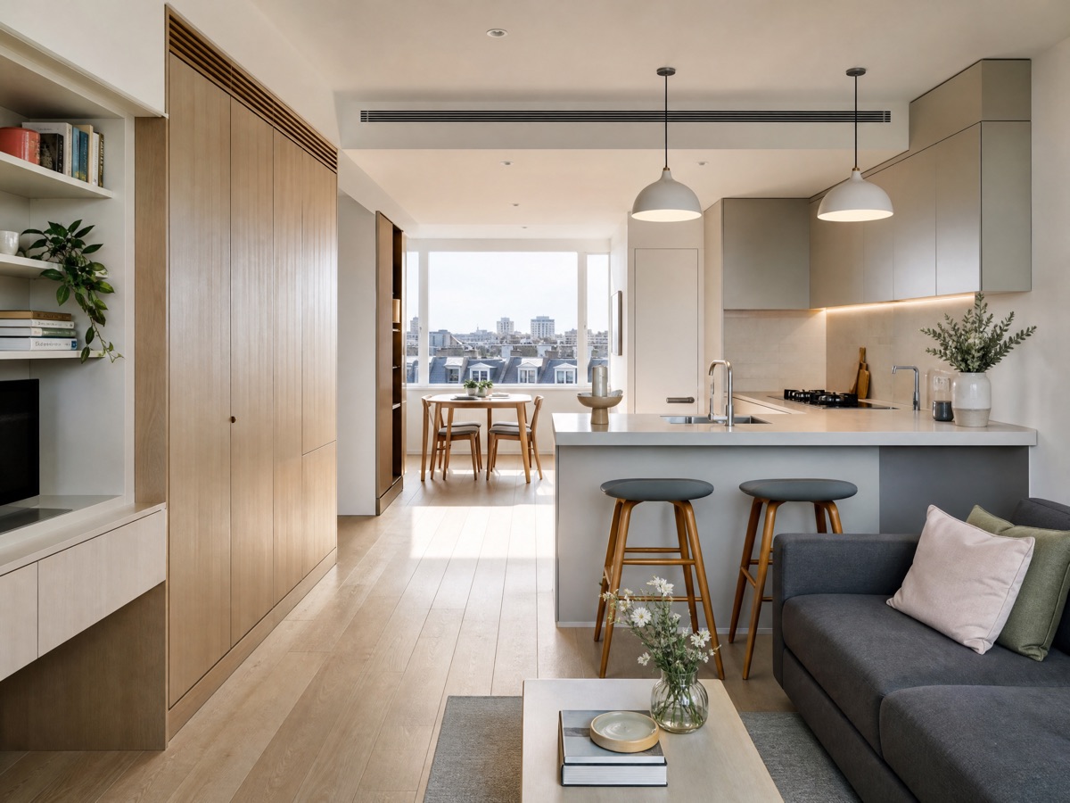 Concept image of a renovated London apartment with a built-in storage wall