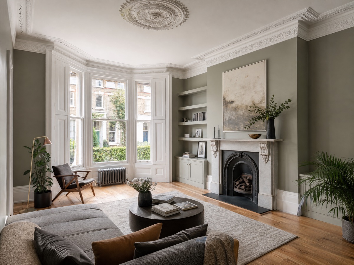 Concept image of a restored Victorian living room with a cornice and bay window