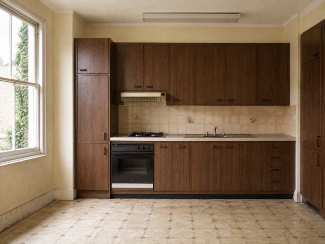 Dated kitchen concept with dark wood-effect cabinets and worn flooring