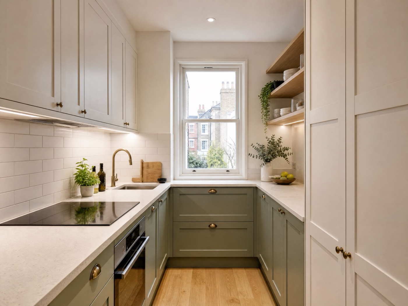 Sage green galley kitchen with a sash window in Leytonstone E11