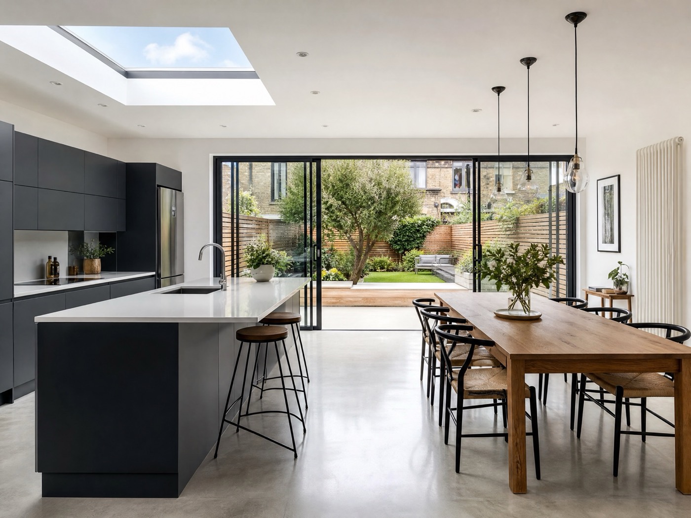 Dark open-plan kitchen and dining space opening to the garden in Wanstead E11