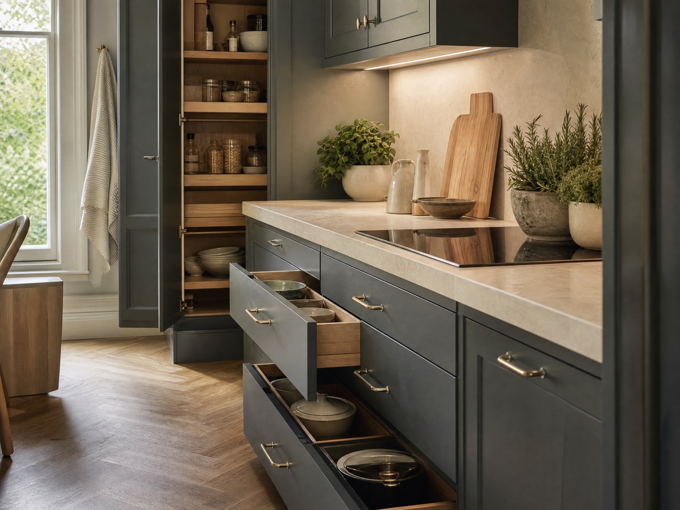 Concept image of kitchen storage with deep drawers, a tall pantry unit and under-cabinet lighting