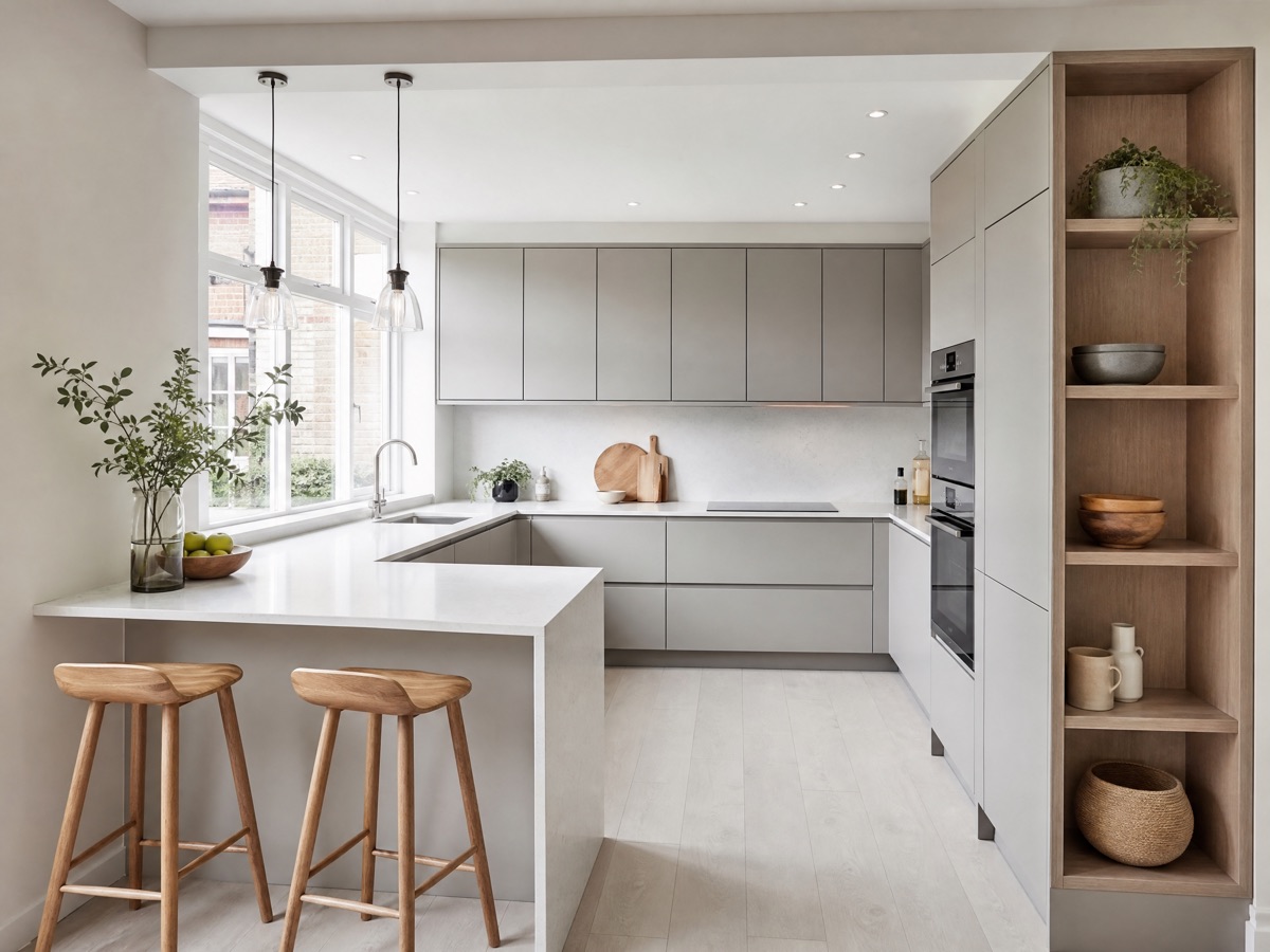 Concept image of an L-shaped kitchen layout with a breakfast peninsula