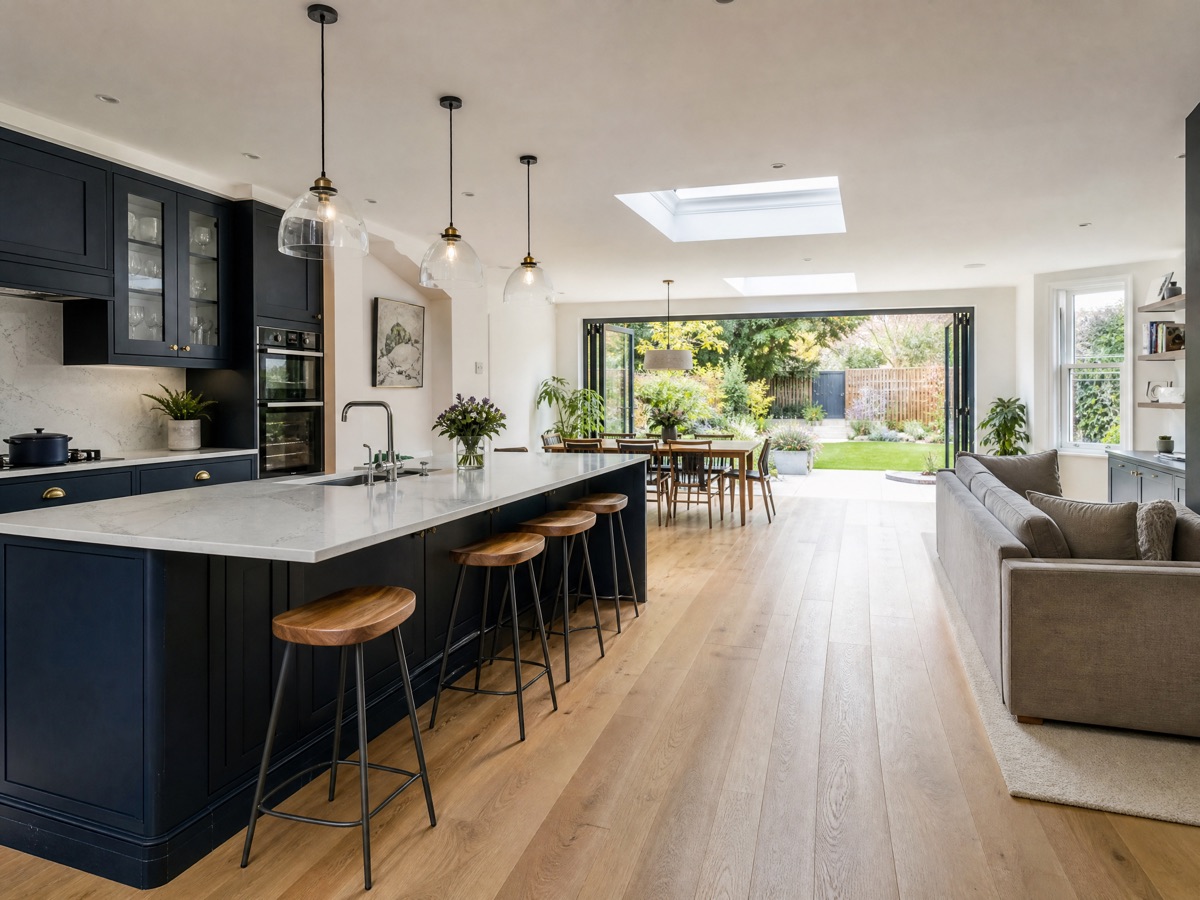 Concept image of an open-plan kitchen and living space with bifold doors to a garden
