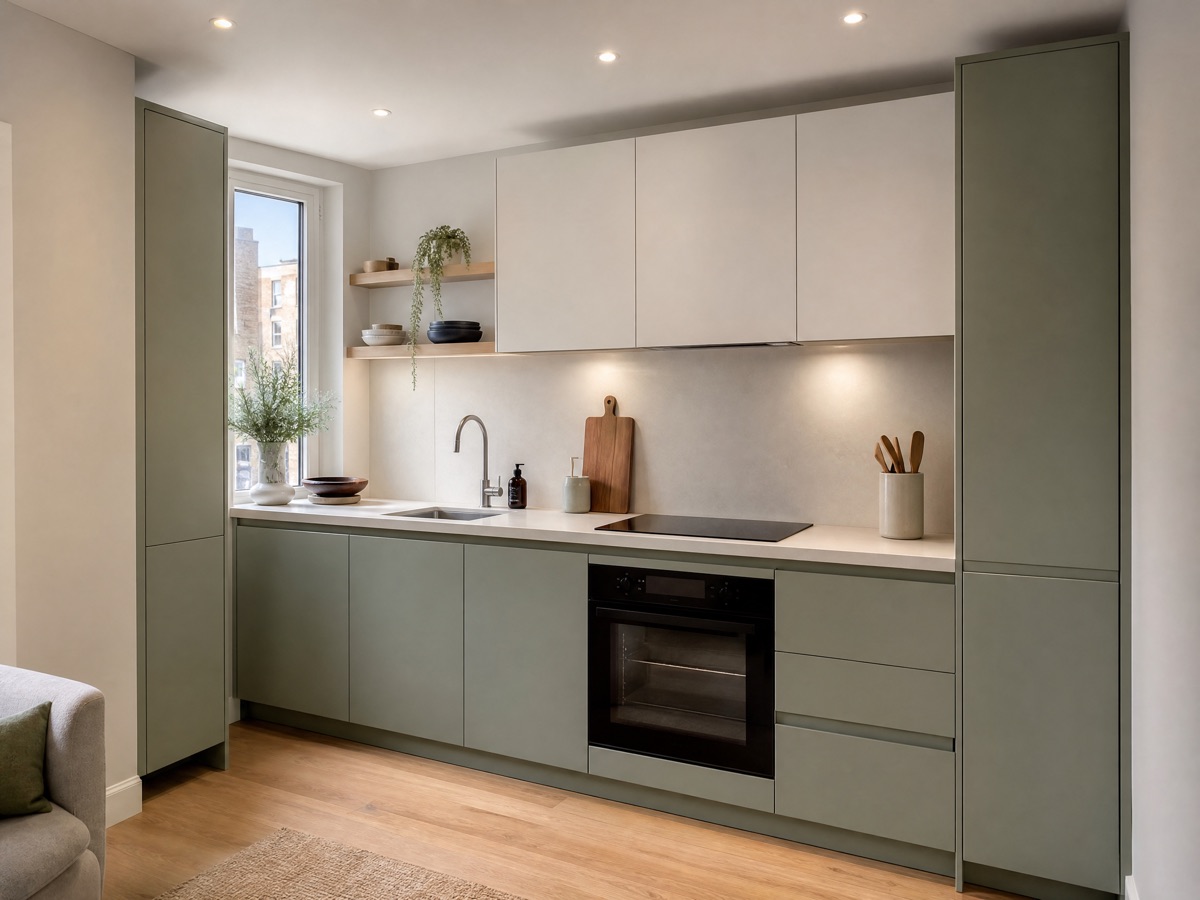 Concept image of a compact single-wall kitchen in sage and white