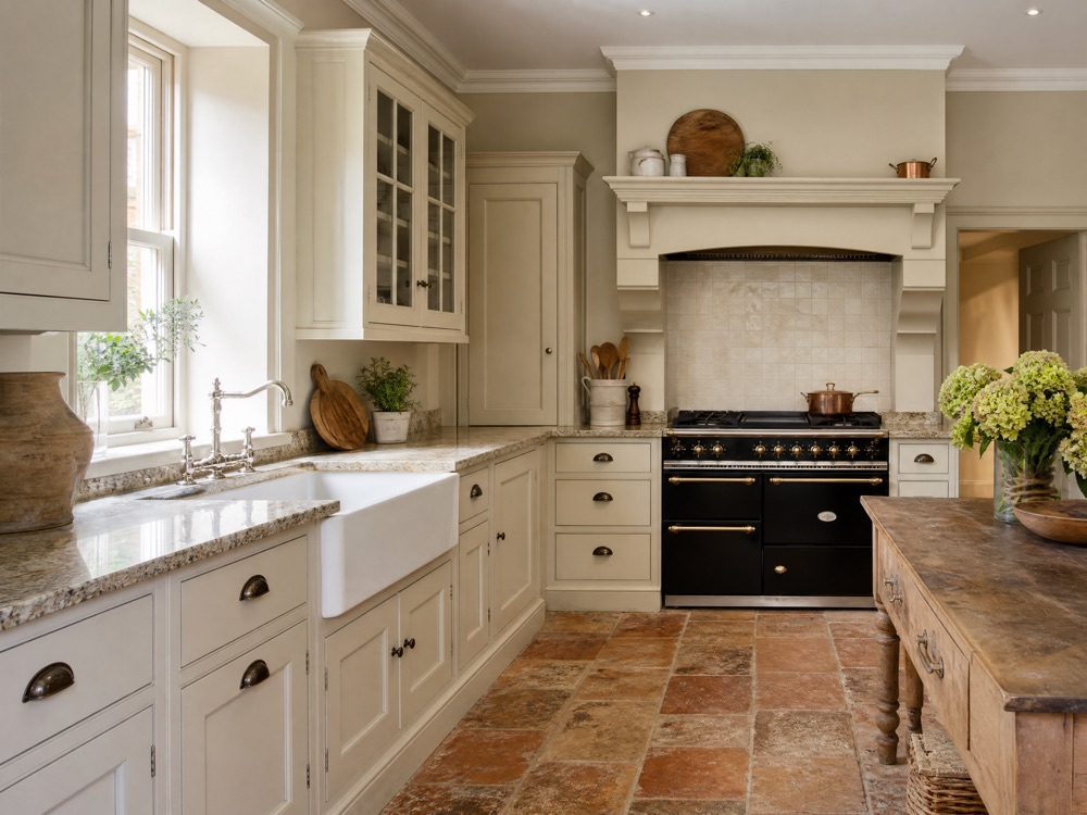 Concept image of a classic English kitchen with cream shaker cabinets and a butler sink