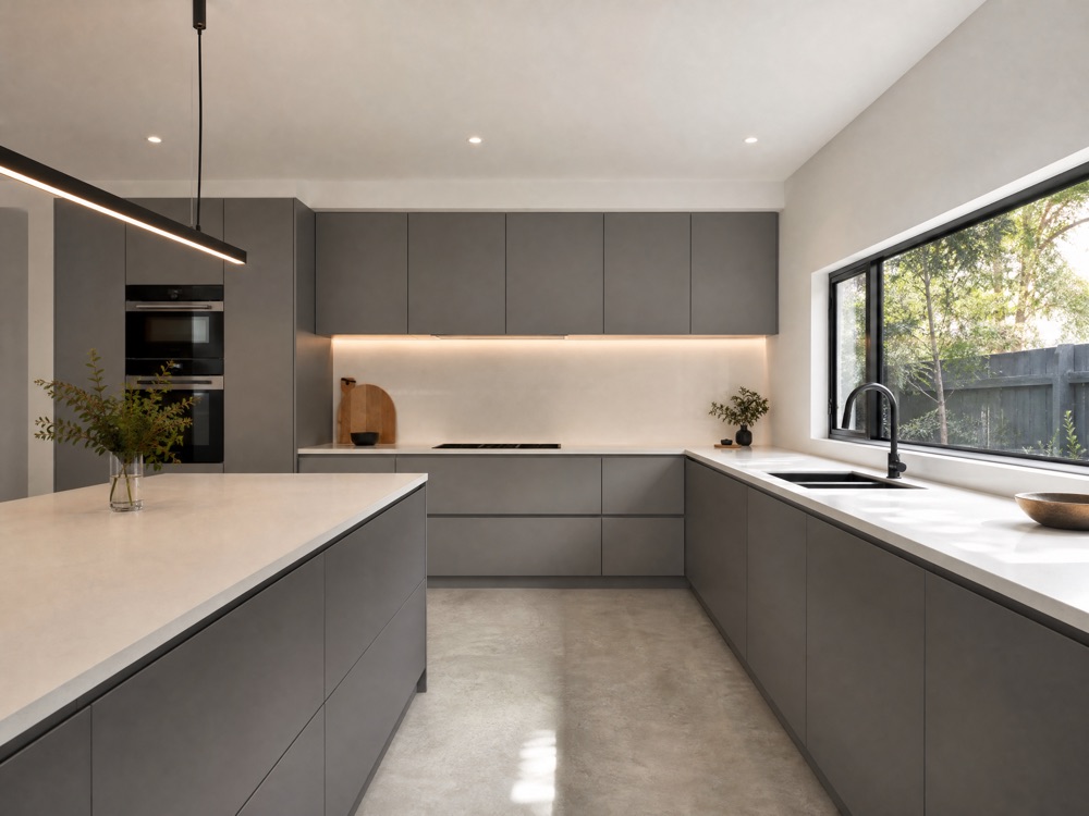 Concept image of a modern kitchen with matte grey handleless cabinets and white quartz