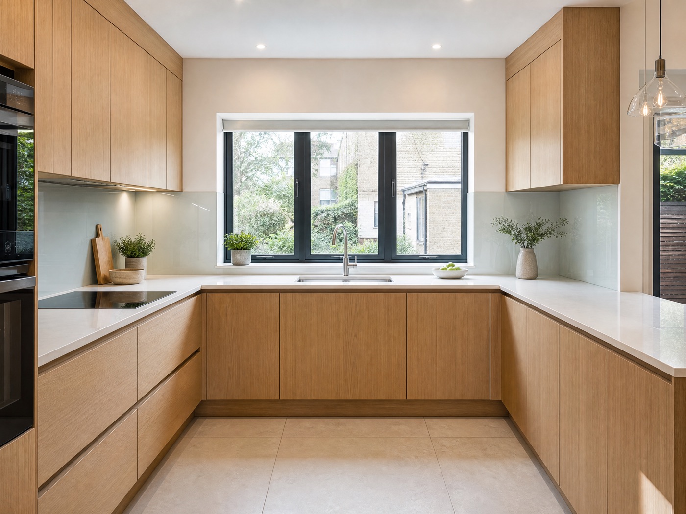 Example design concept of the same kitchen with light oak cabinetry and stone worktops