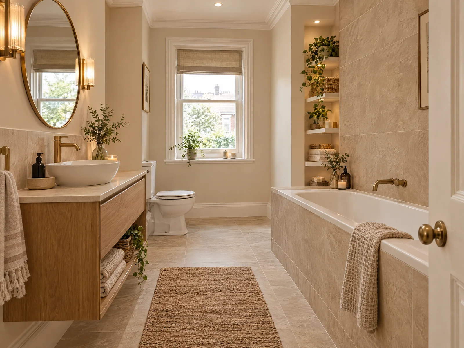 Completed bathroom renovation with warm neutral finishes in Leyton