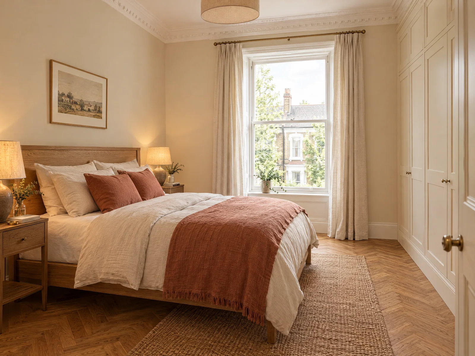 Warm neutral principal bedroom in a renovated Victorian home in Leyton