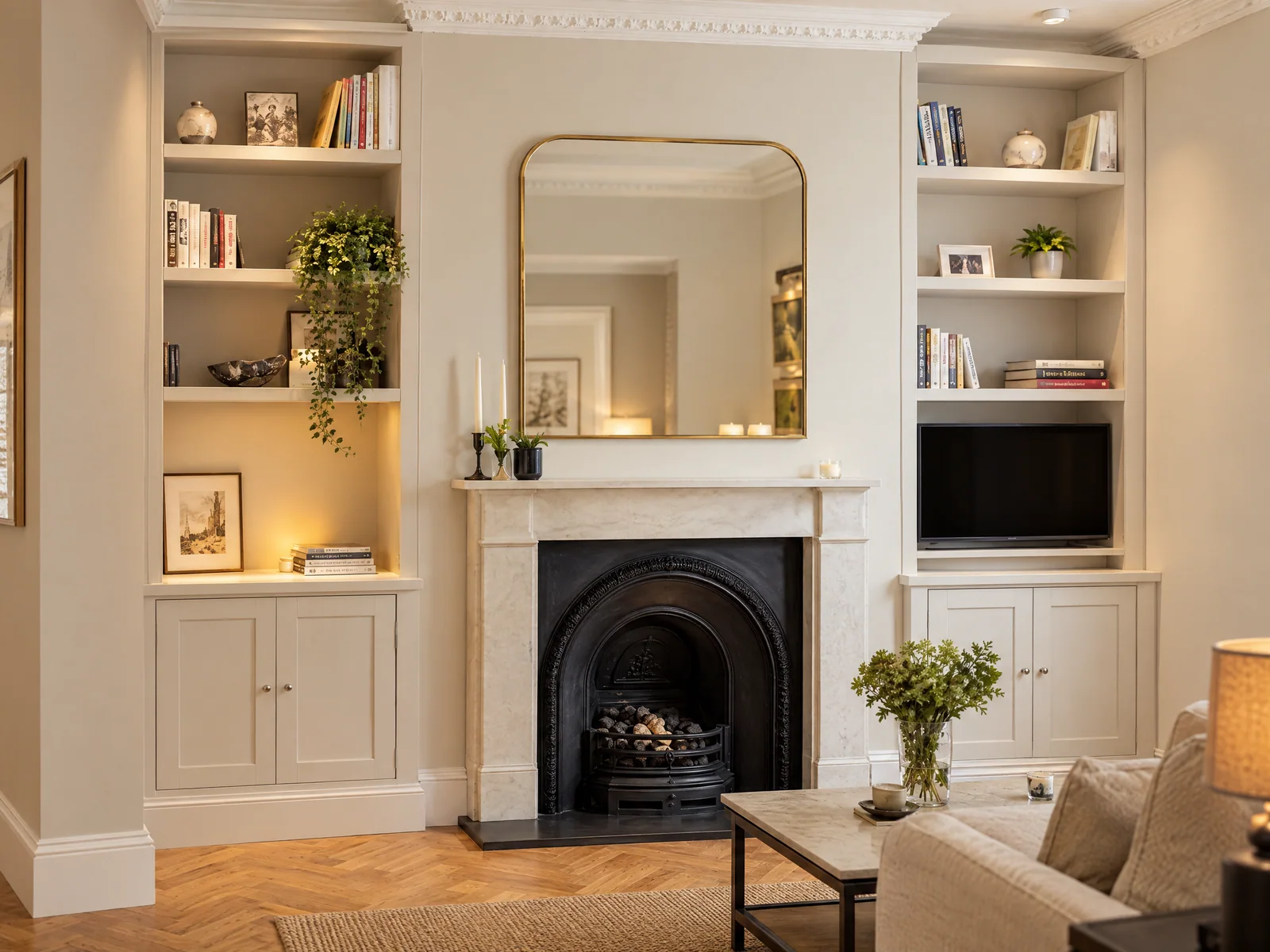 Victorian fireplace and bespoke alcove joinery in a renovated Leyton home