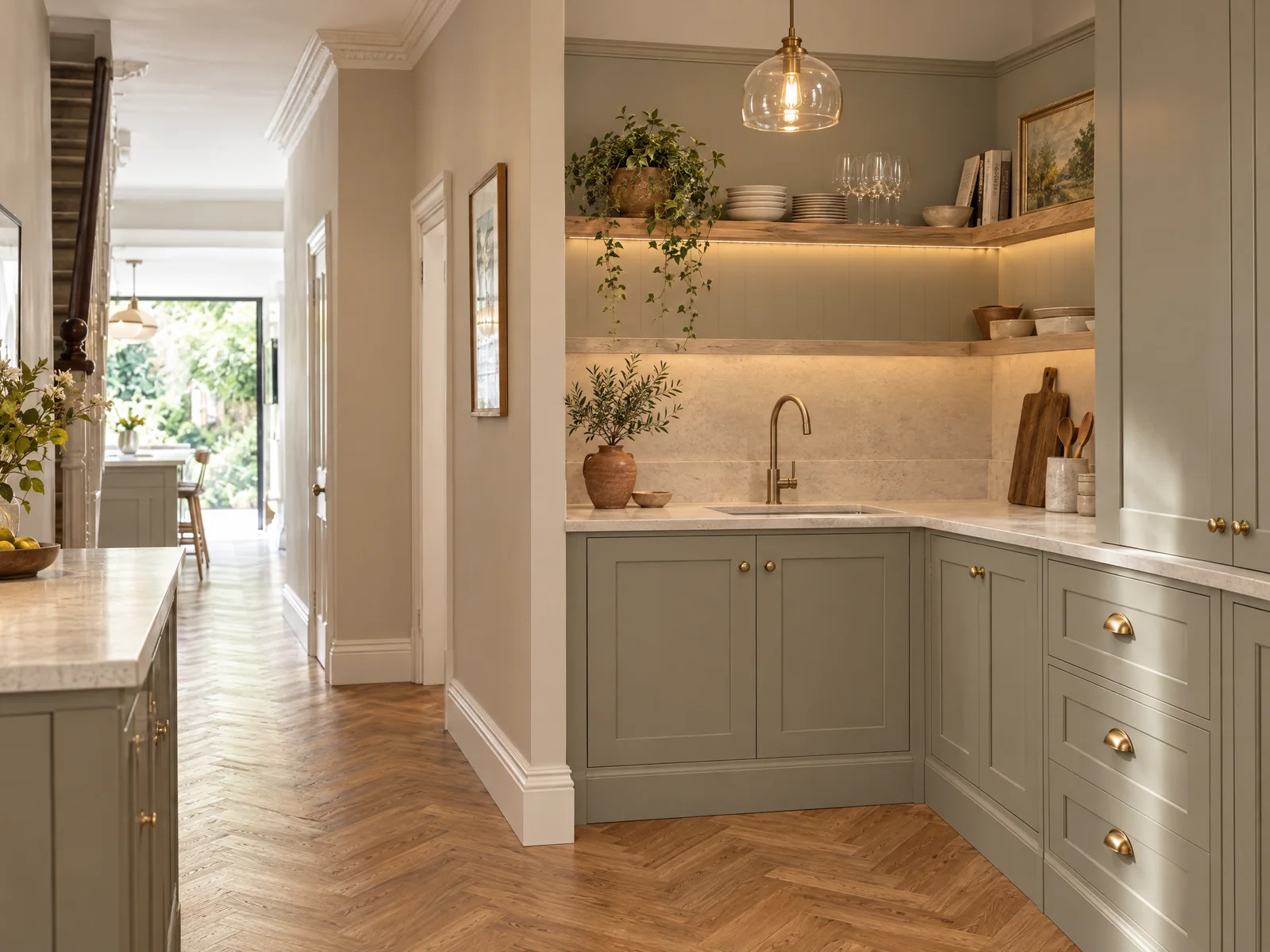 Painted kitchen cabinetry, timber shelving and light stone worktop detail