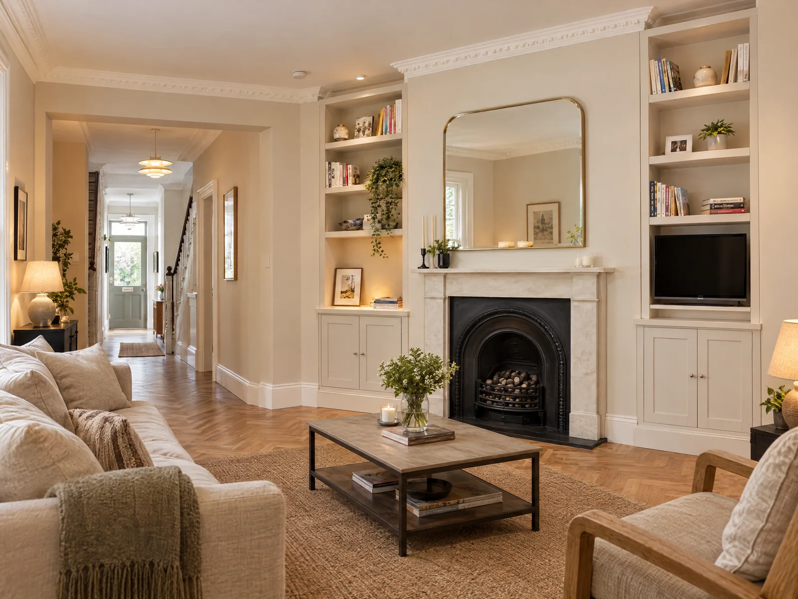 Renovated living room with Victorian fireplace and fitted alcove storage in Leyton