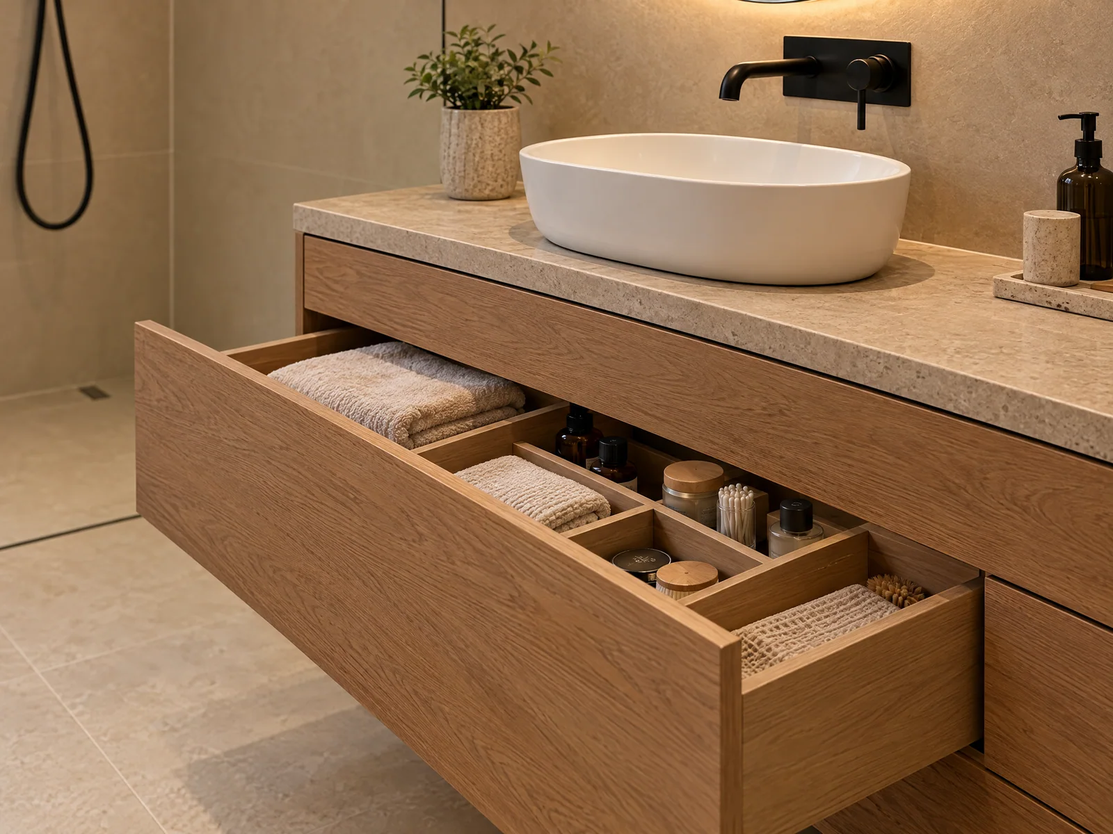 Deep oak vanity drawer organised with towels and toiletries