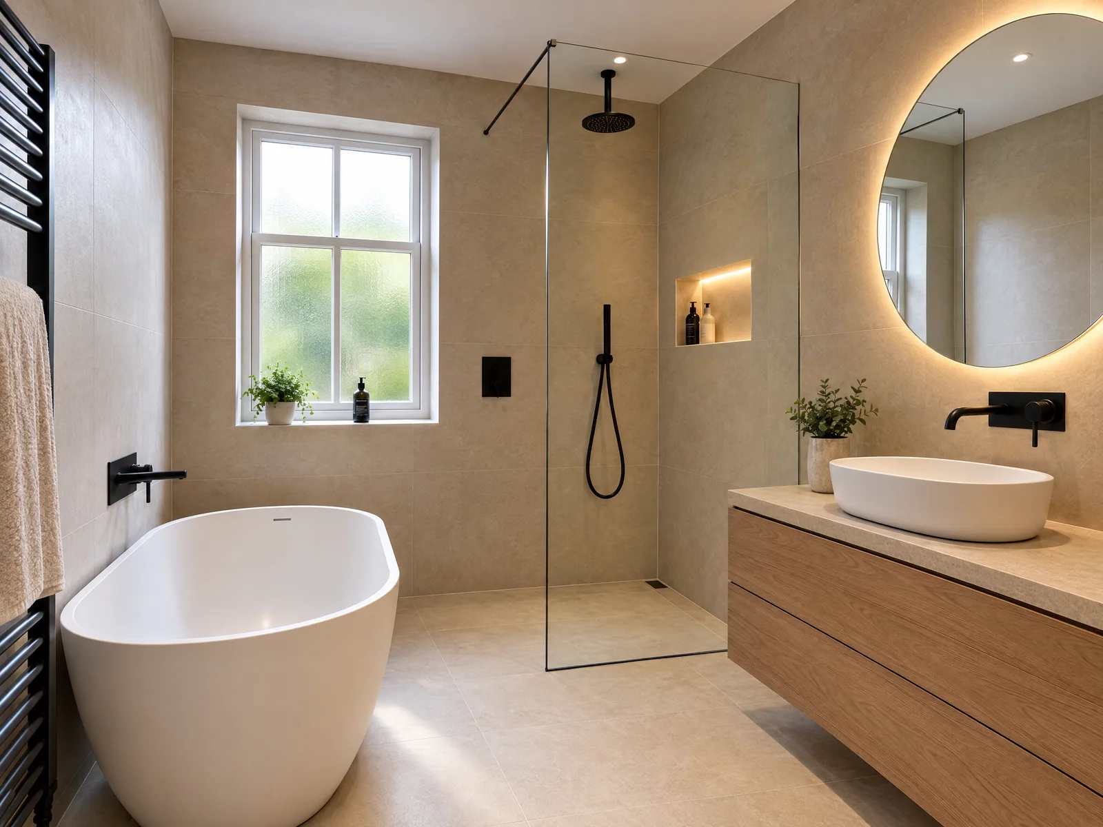 Wide view of a bathroom with a freestanding bath, glass shower screen and oak vanity
