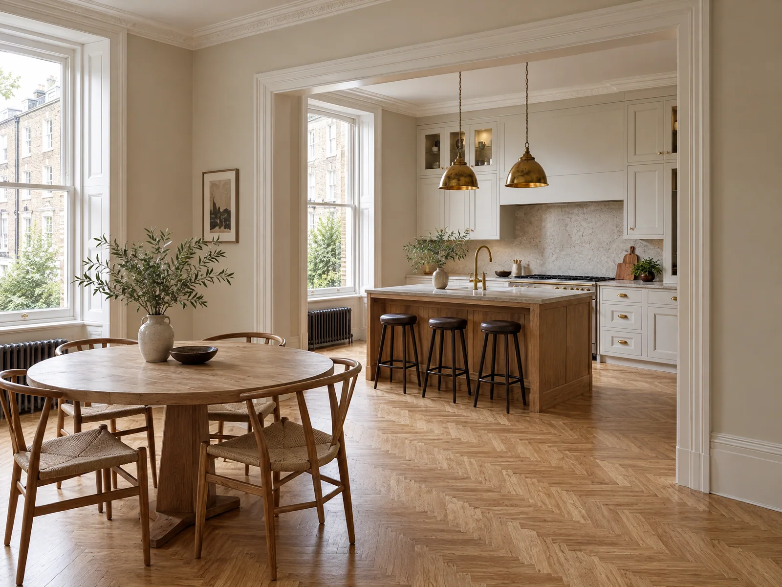 Round oak dining table beside the kitchen through a wide period opening