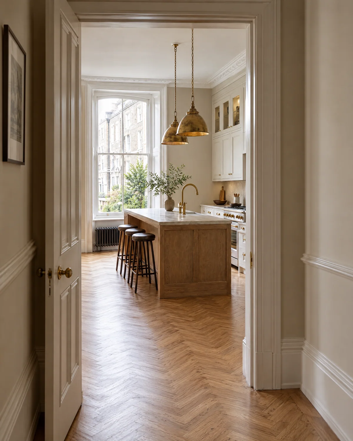 View from the hallway through a period doorway into the Walthamstow kitchen