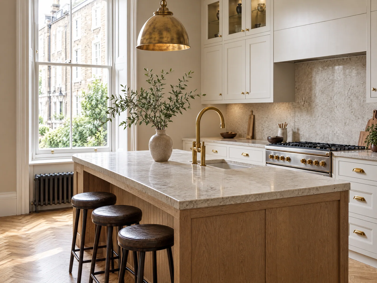 Natural oak kitchen island with stone worktop, brass tap and leather stools