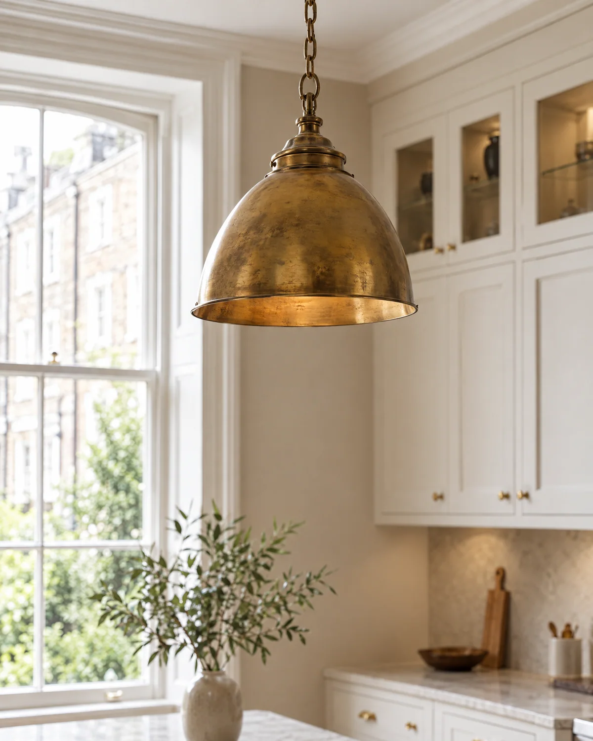 Aged brass pendant light in front of a sash window and glazed cabinets