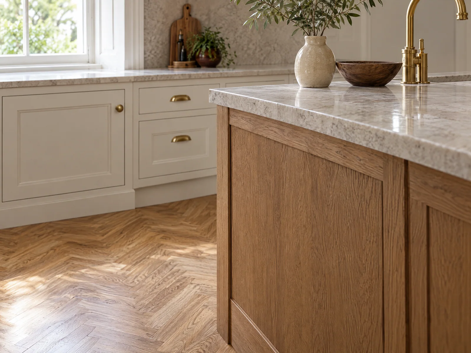 Oak island panelling, stone worktop and herringbone floor in the completed kitchen