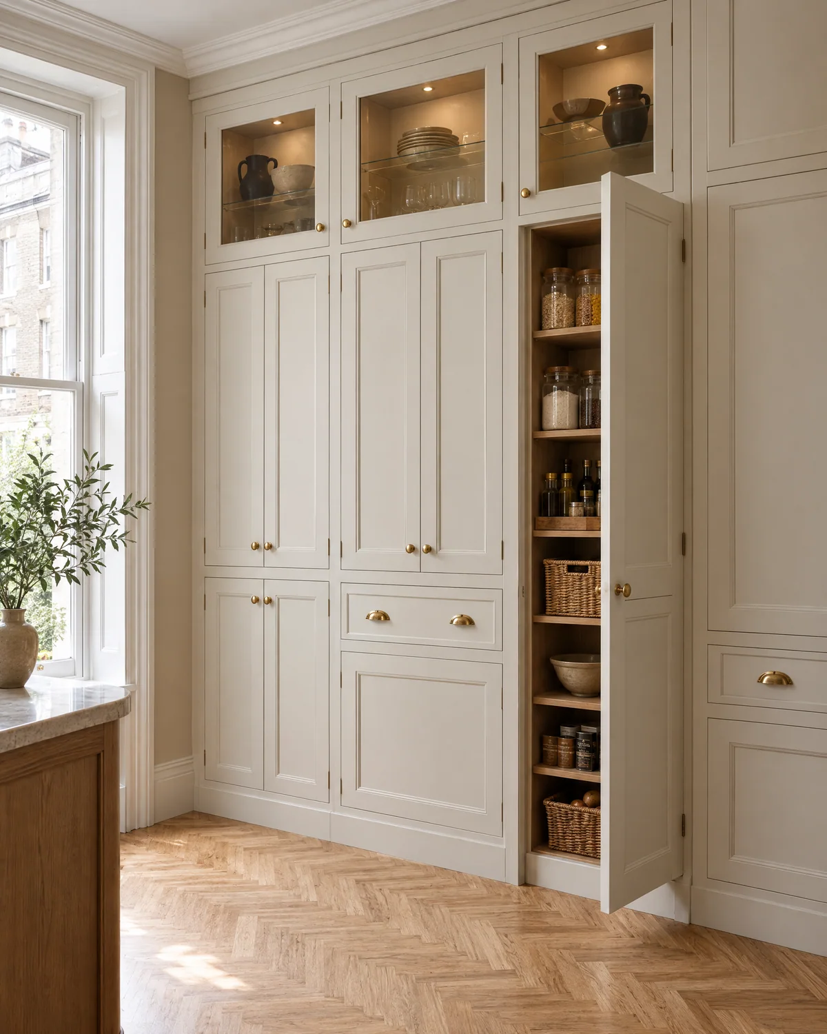 Tall painted cabinetry with glazed display units and an open pantry cupboard