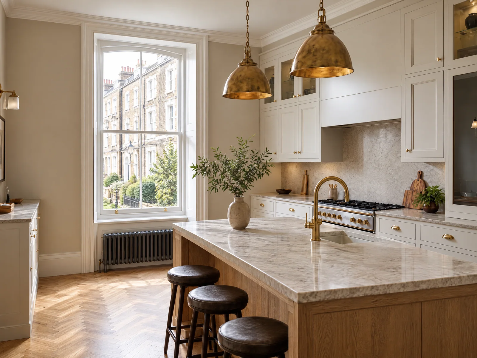 Traditional sash window above a radiator beside the oak kitchen island
