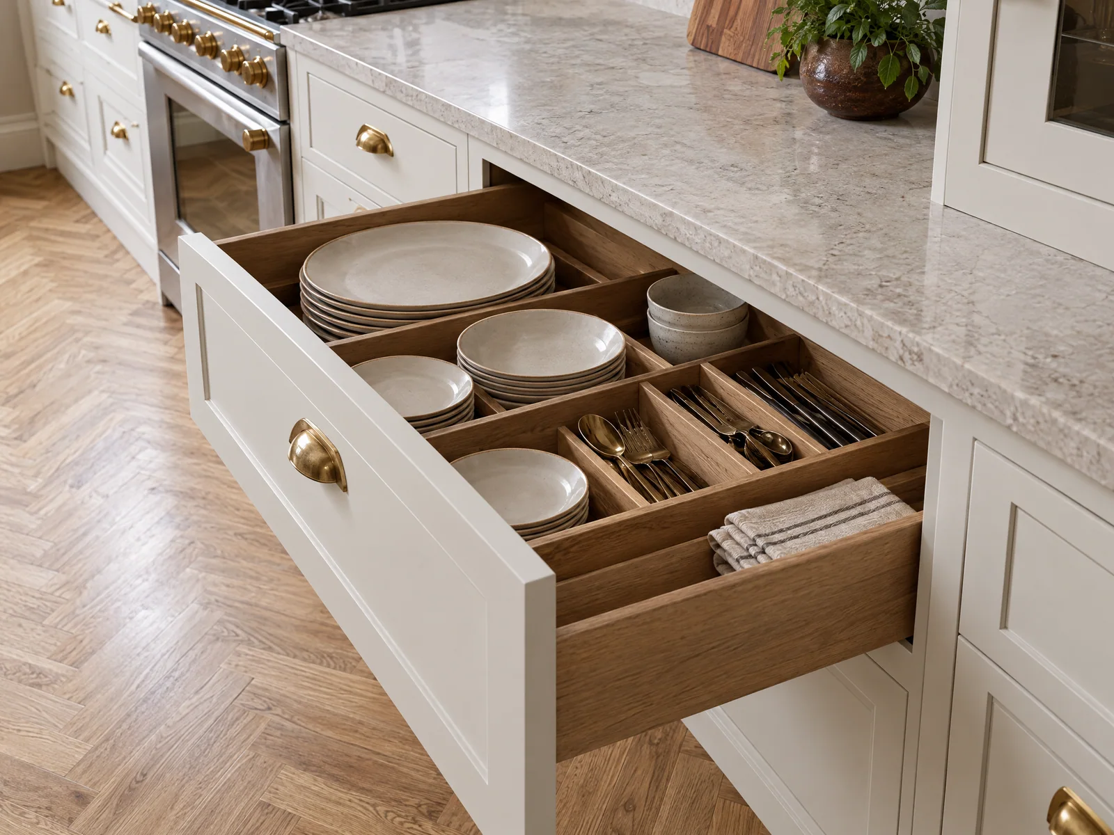 Deep drawer with oak dividers for plates and cutlery in painted cabinetry