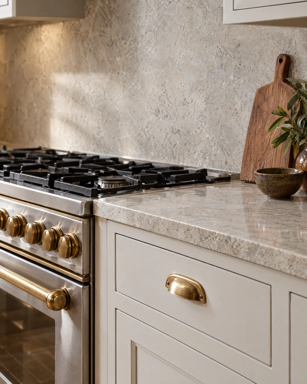 Light stone worktop and splashback with brass range controls and a cup handle