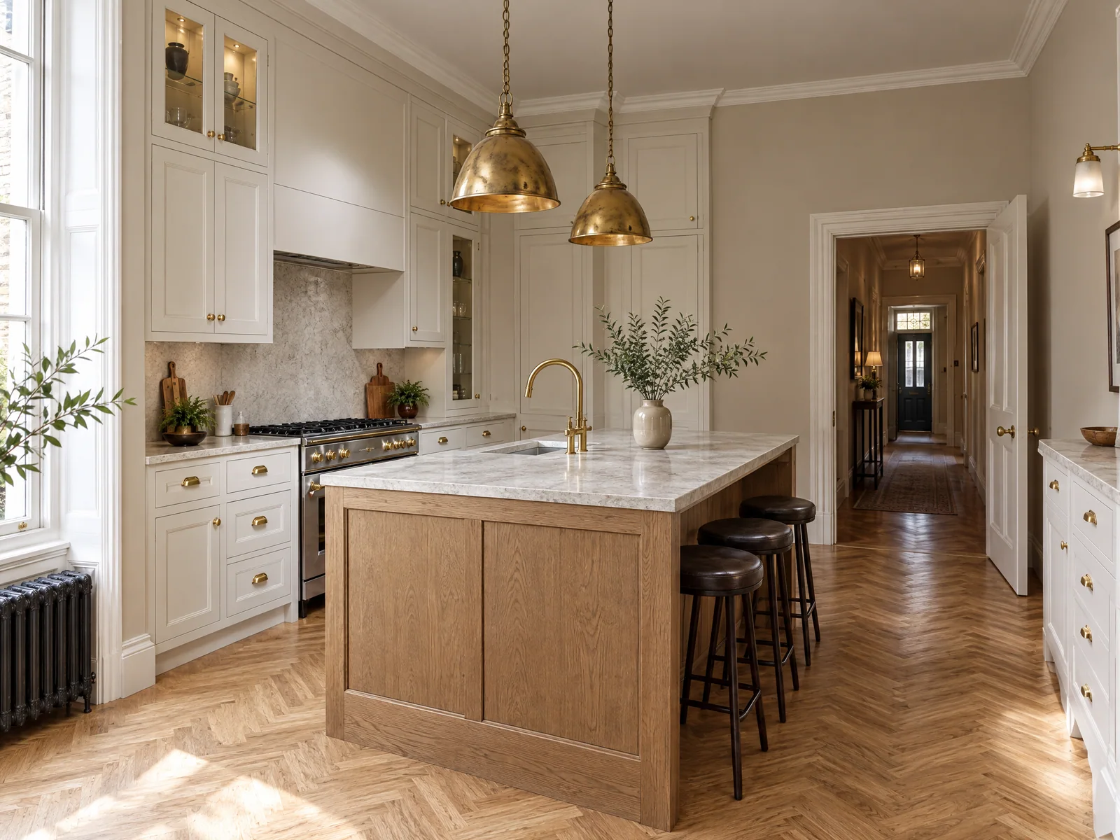 Wide view of a Victorian kitchen with ivory cabinetry, oak island and hallway beyond