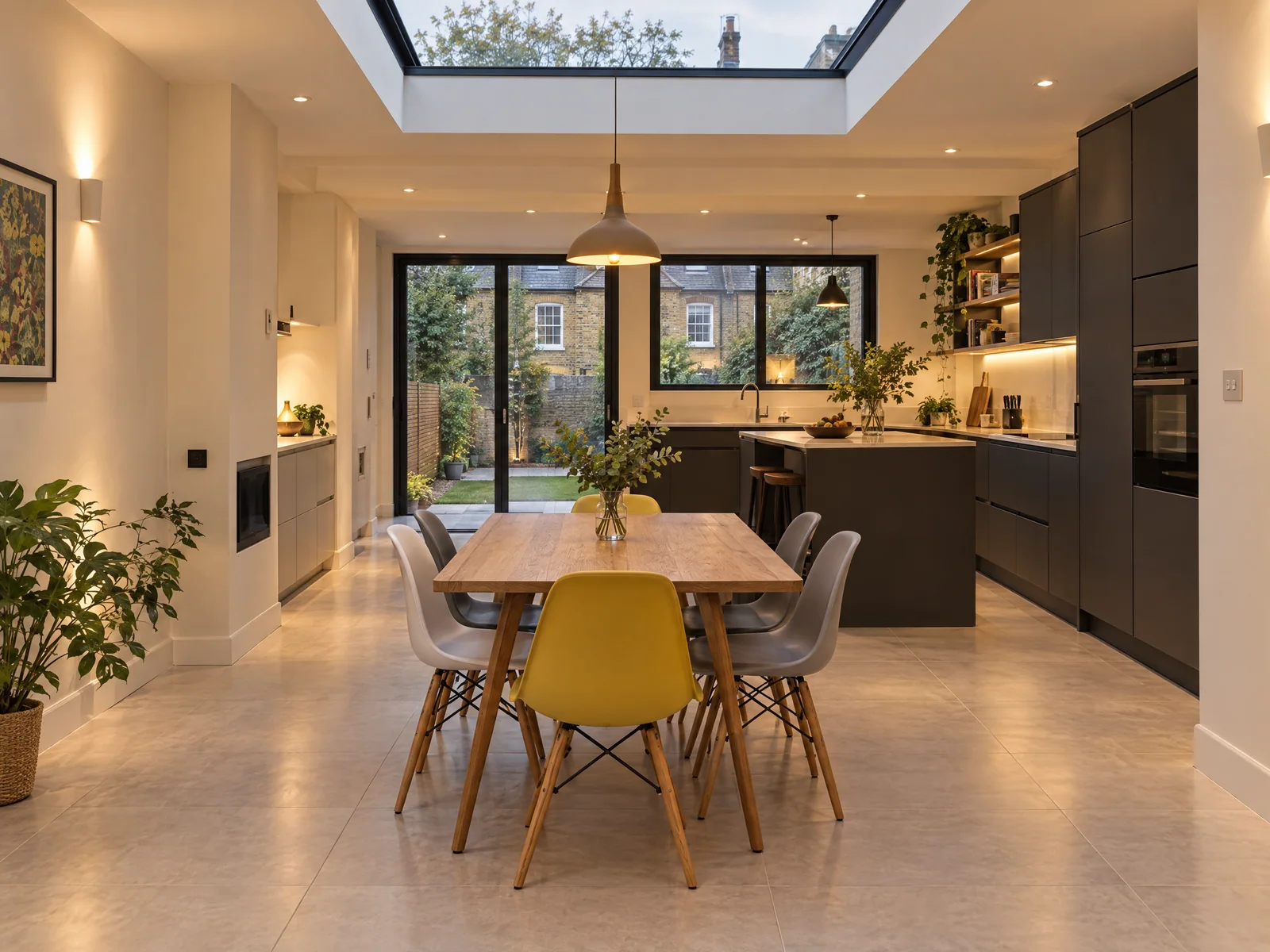 Dining area inside a completed rear extension in Wanstead