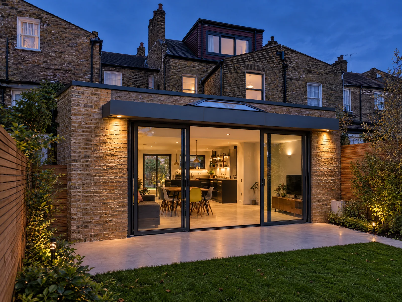 Completed Wanstead rear extension with warm interior lighting at dusk