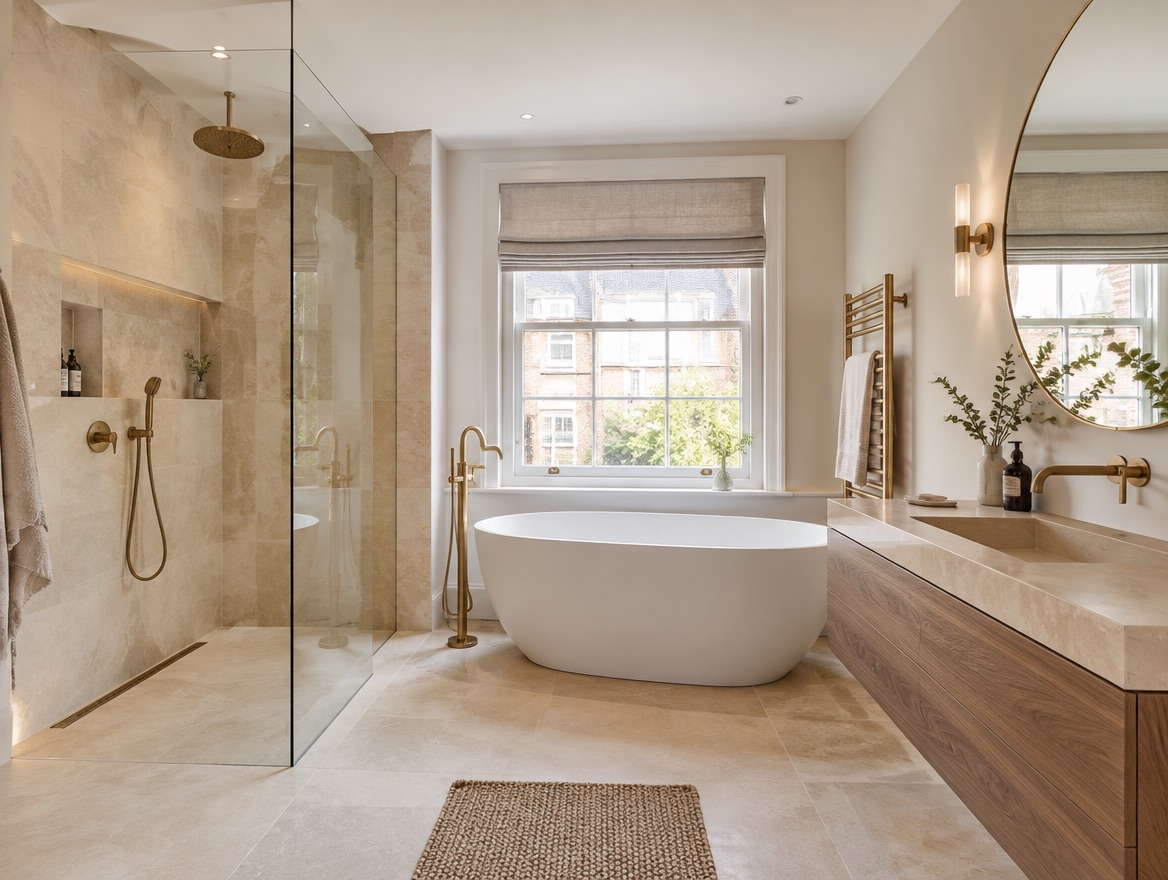 Finished bathroom with a walk-in shower and tiled walls